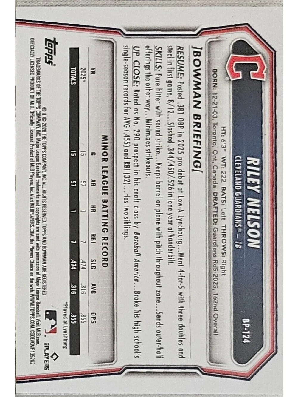 2026 Bowman Prospects 1st Riley Nelson #BP-124 Cleveland guardians